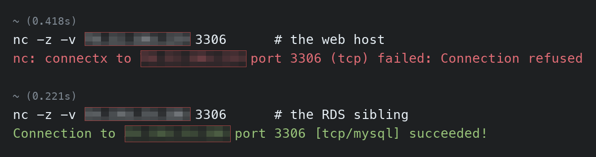 Port 3306 refused on the web host, accepted on the RDS sibling